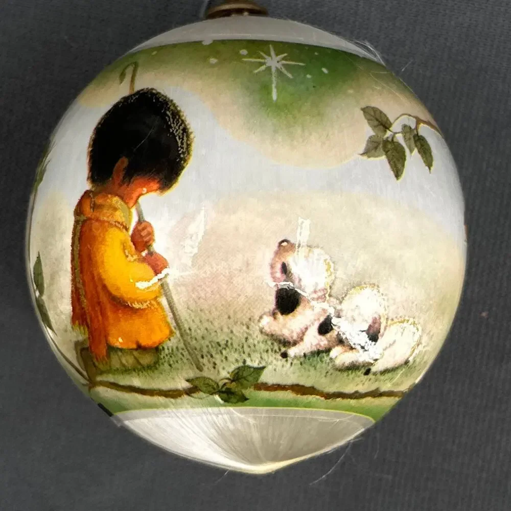 VTG Silk Christmas Ornament Baby deer Shepherd lamb Scenic American Legion 80s